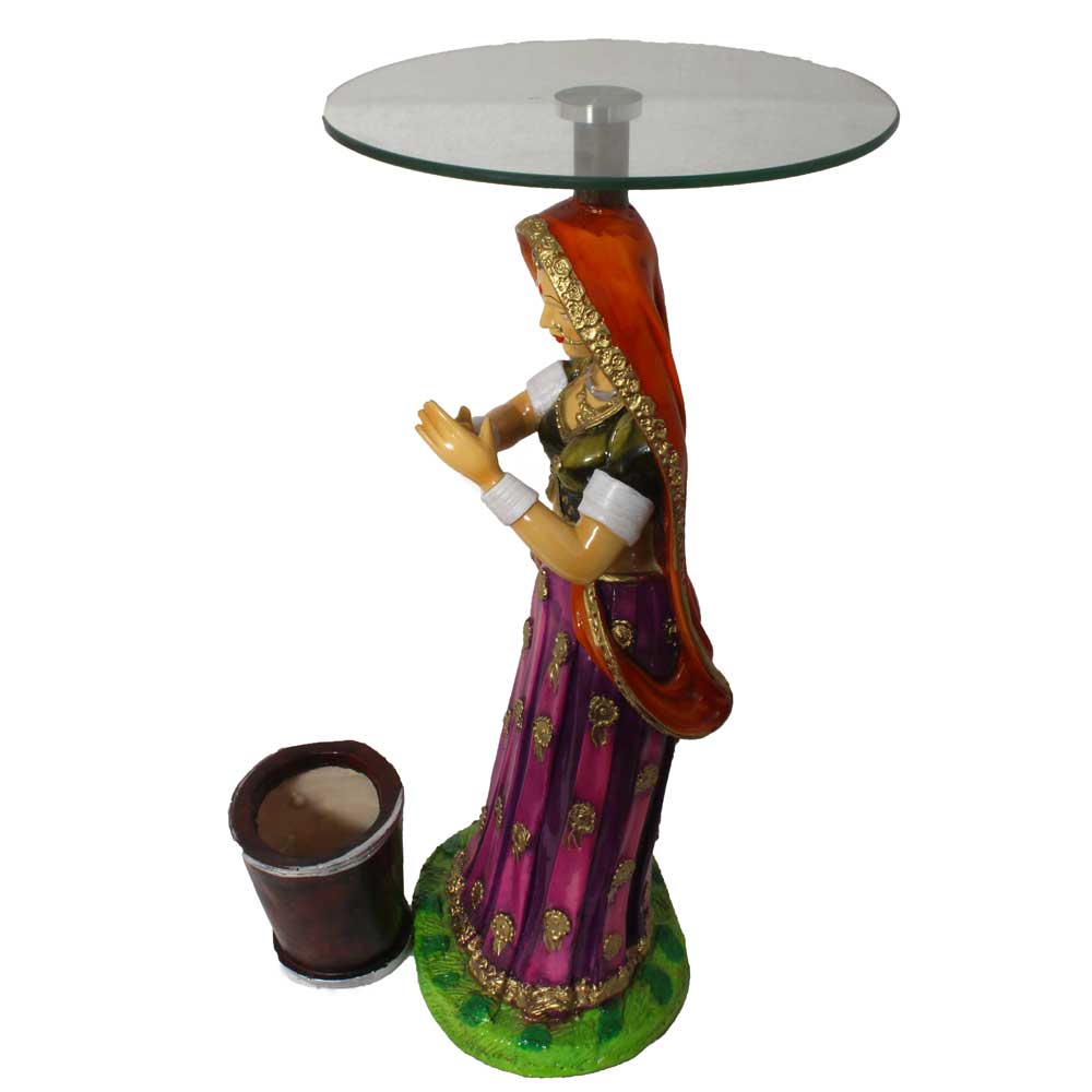 Rajasthani Lady Sculpture Glass Table 21 Inch