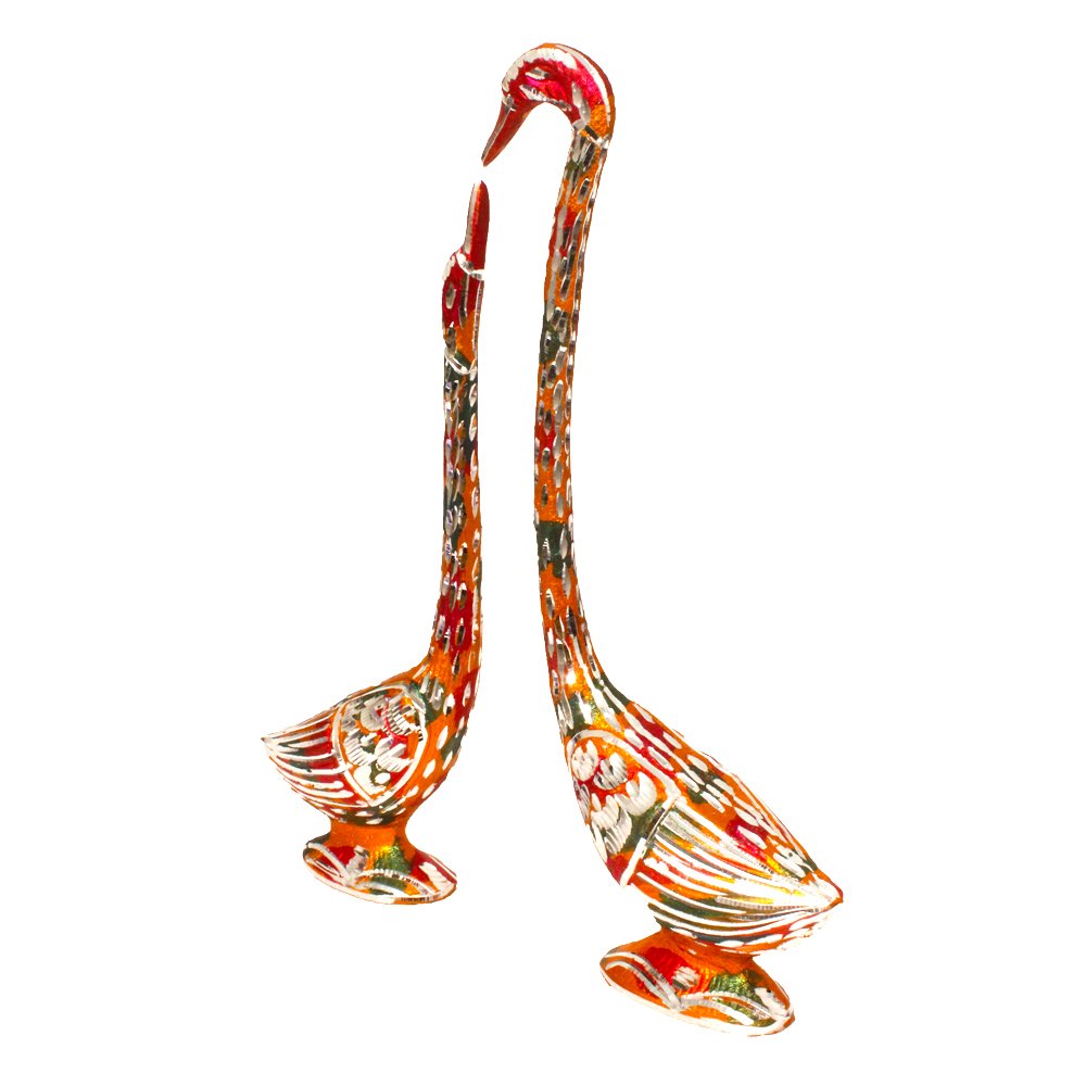 Orange Swan Pair White Metal Statue  12 Inch ( 30.5 cm )