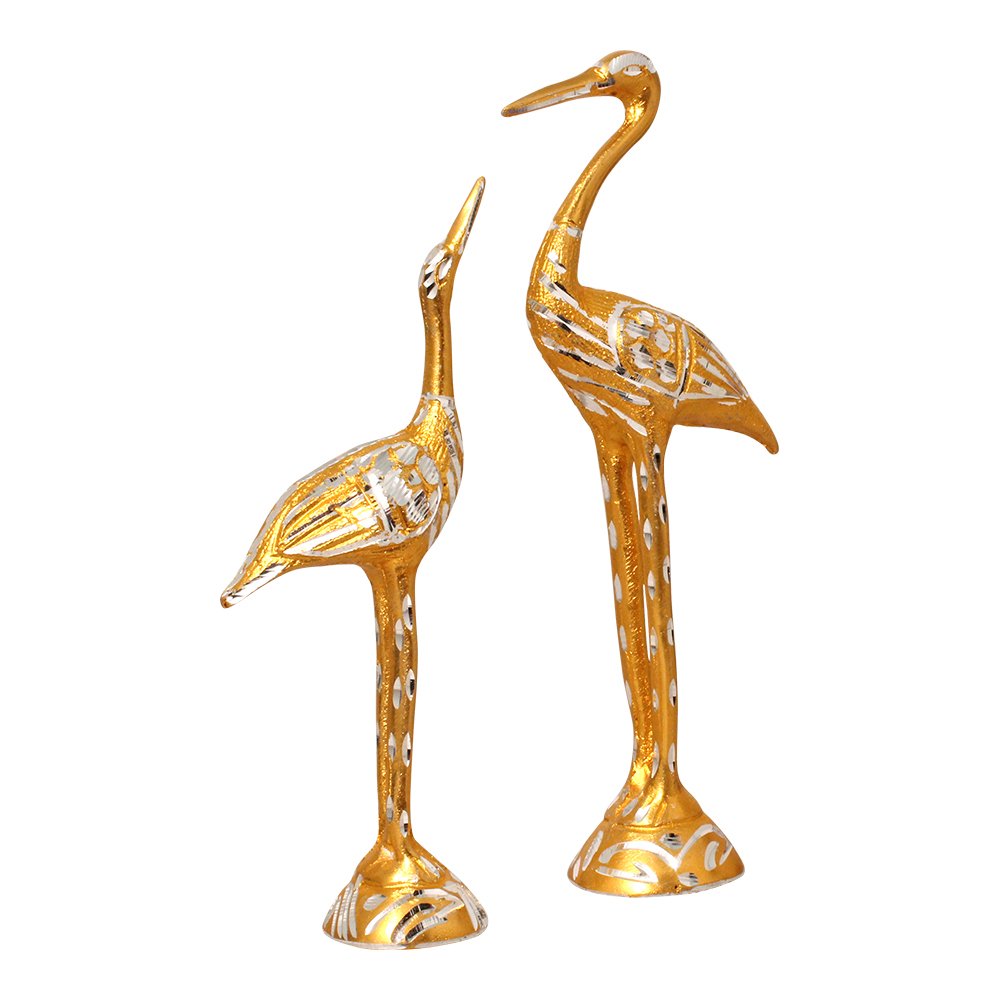 Flamingo Bird Pair White Metal Statue 11 Inch ( 28 cm )