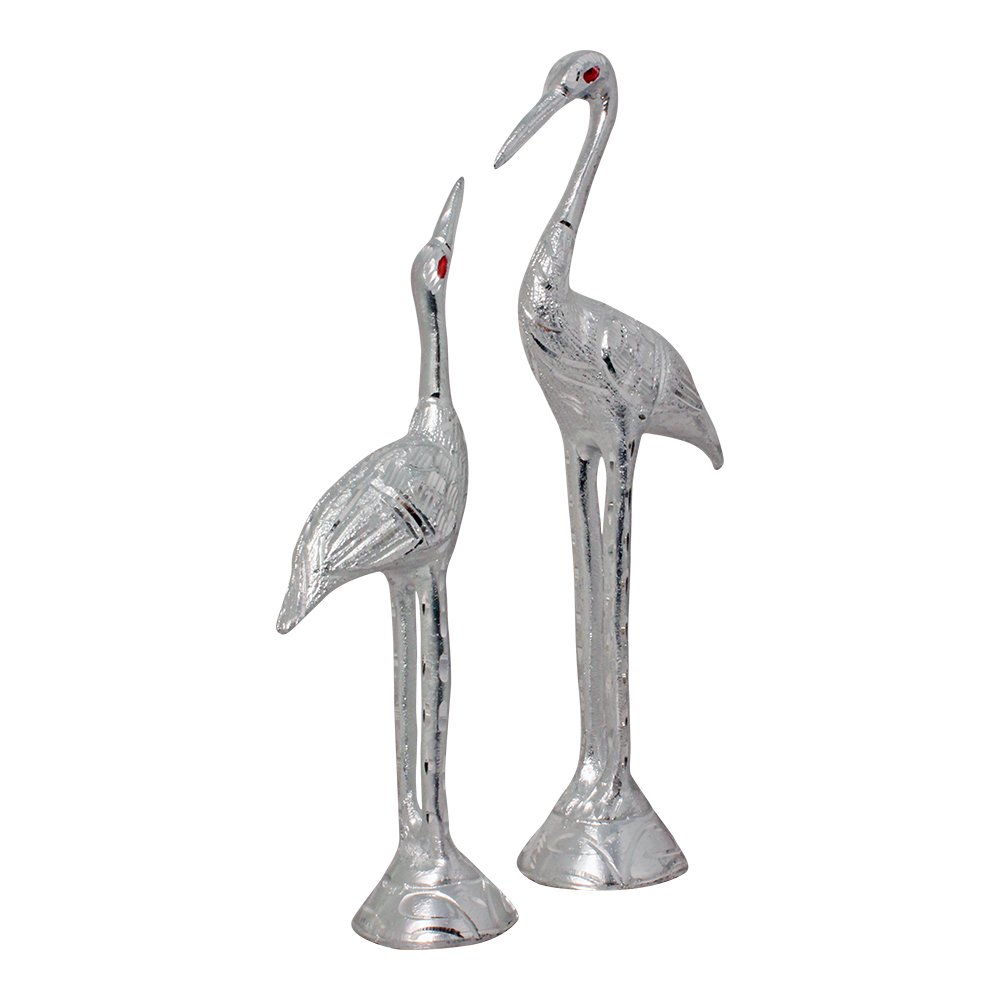  White Metal Strok Bird Pair Showpiece 11 Inch