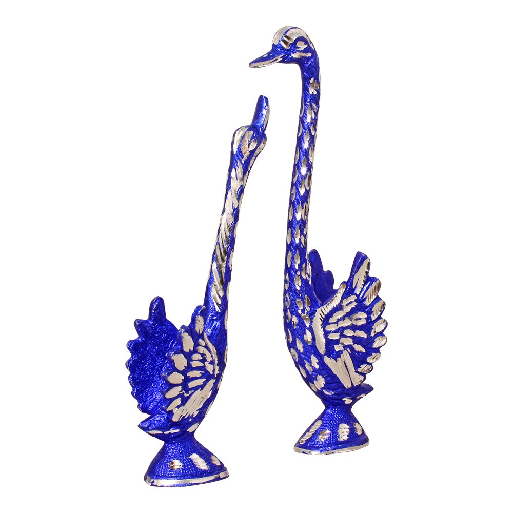 White Metal Blue Swan Couple Sculpture 9.5 Inch ( 24.5 cm )