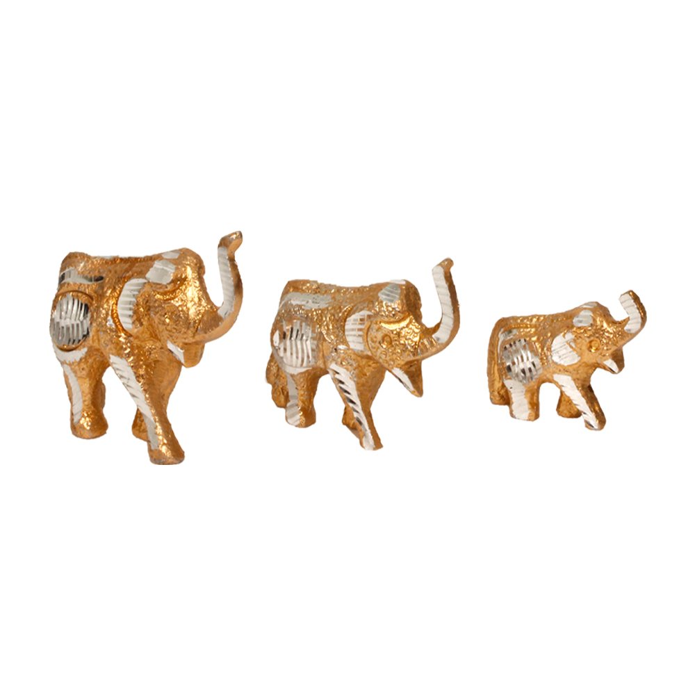 Elephant Family 3 Pcs Set White Metal diamond cut Showpiece 2.5 Inch ( 6.5 cm )