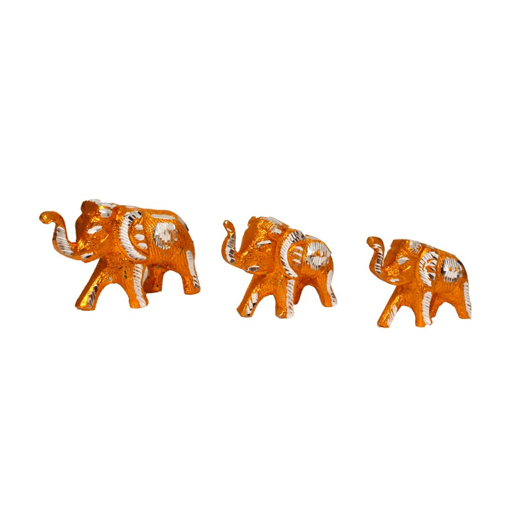 Golden Finish Elephant Family Sculpture White Metal Item 3 Inch ( 8 cm )