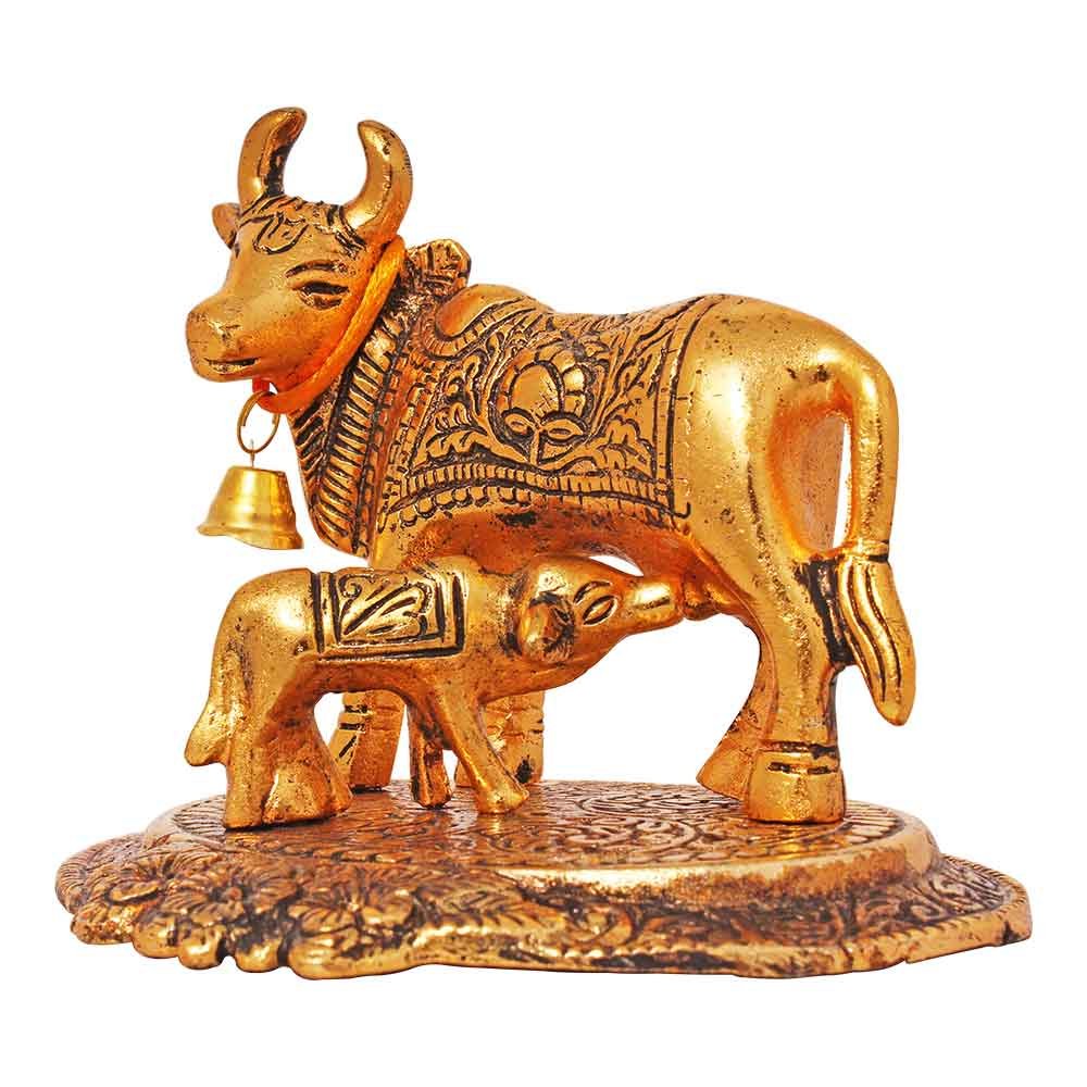 Golden Antique  Aluminium Kamdhenu Cow And Calf  Sculpture 3.5 Inch ( 9 cm )