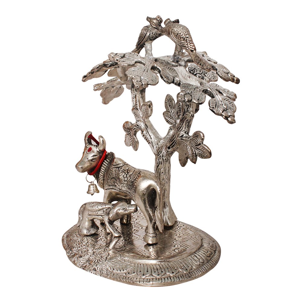 Silver Metallic Cow & Calf Spiritual Sculpture 8 Inch ( 20.5 cm )