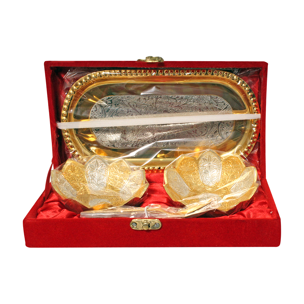 Gold Silver Plated German Silver Lotus Bowl Tray Spoon Gift Box 2 Inch