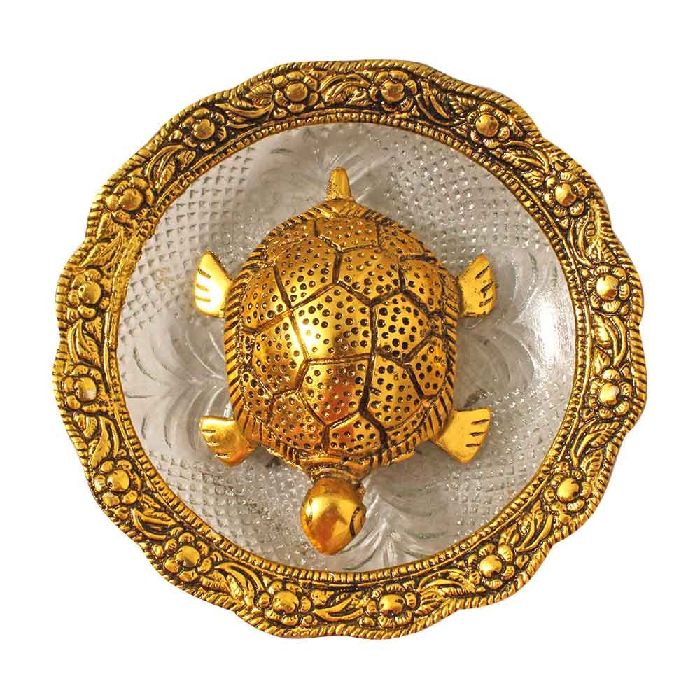 Vastu Feng Shui Metal Turtle Tortoise On Glass Plate 2 Inch ( 5.5 cm )