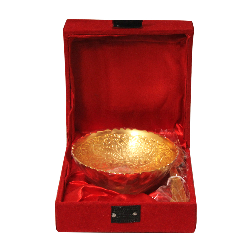 Gold Plated German Silver Bowl Spoon Gift Box 2 Inch