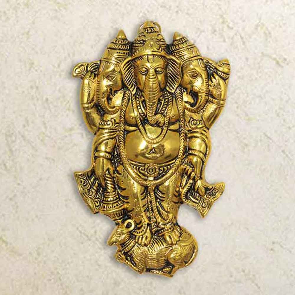 Gold Plated Aluminium  Wall Hanging Three Mukhi Ganesha 9 Inch ( 23 cm )