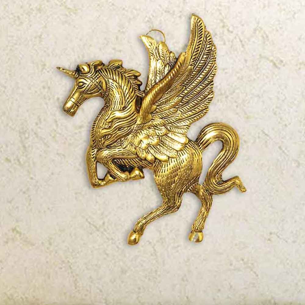 Gold Plated Aluminium  Flying Horse Statue Wall Decor Showpiece 8.5 Inch ( 22 cm )