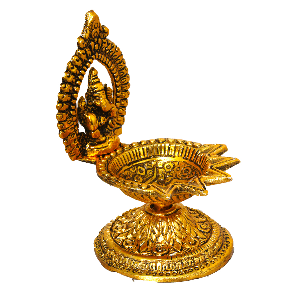 Gold Plated Aluminium  Ganesh Ji Murti With Diya 4.75 Inch