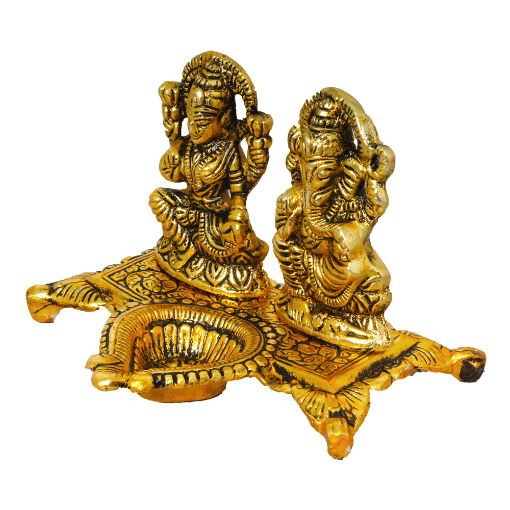 Gold Plated Aluminium  Laxmi Ganesh Diya For Diwali 5 Inch