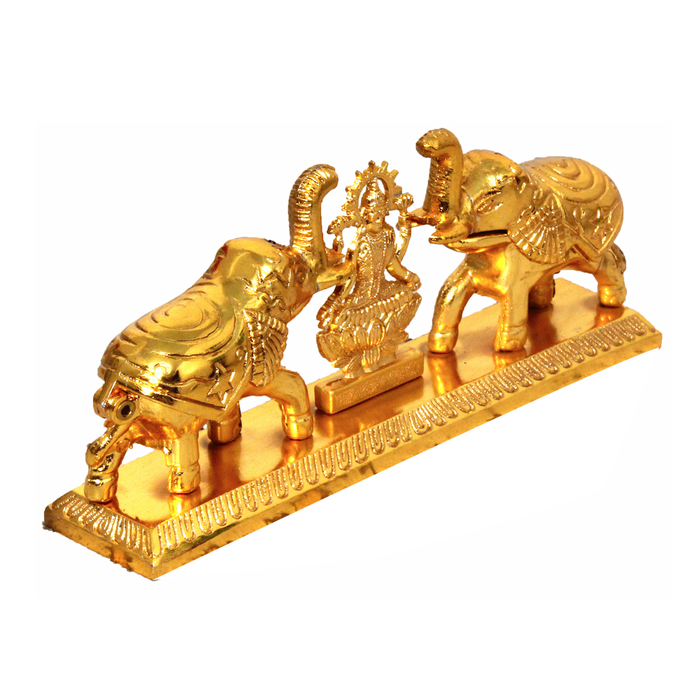 Metallic Elephant Kumkum Box With Goddess Lakshmi Idol 2.5 Inch