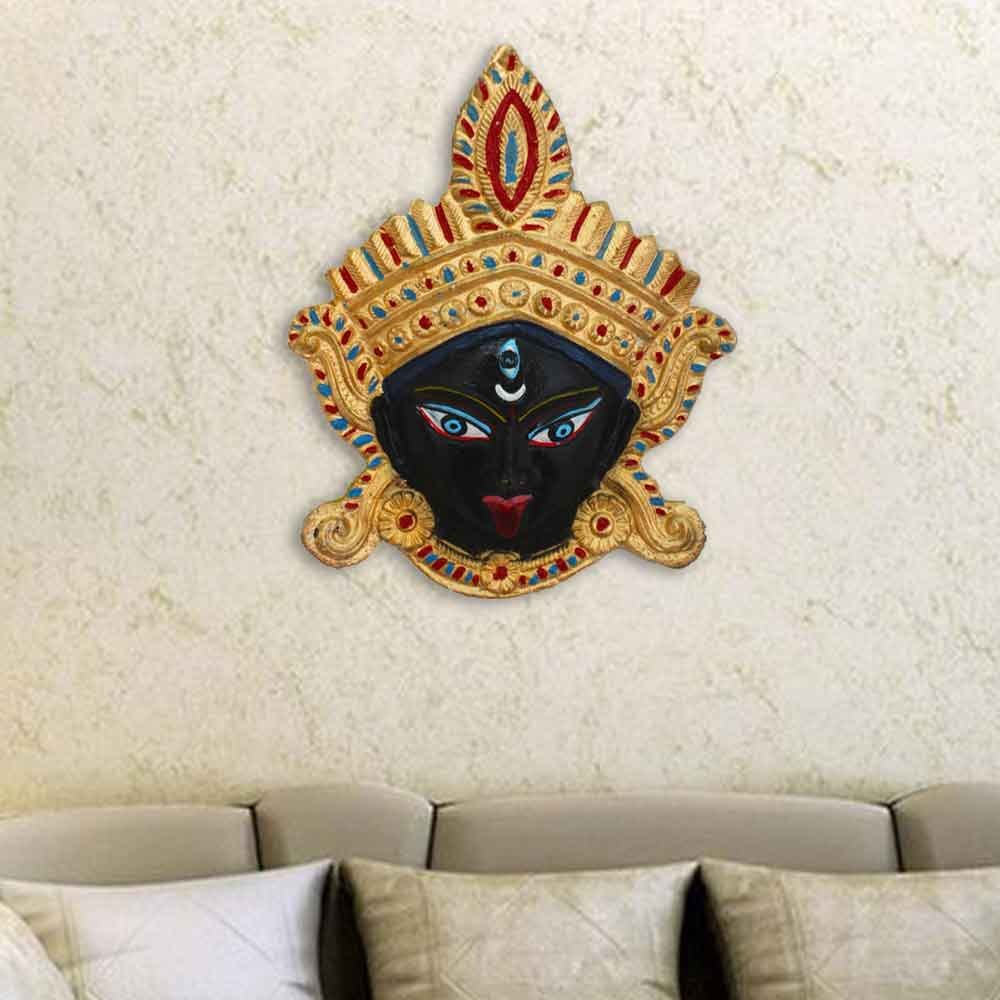 Metallic Maa Kali Face Sculpture Wall Hanging Decor 7 Inch ( 18 cm )