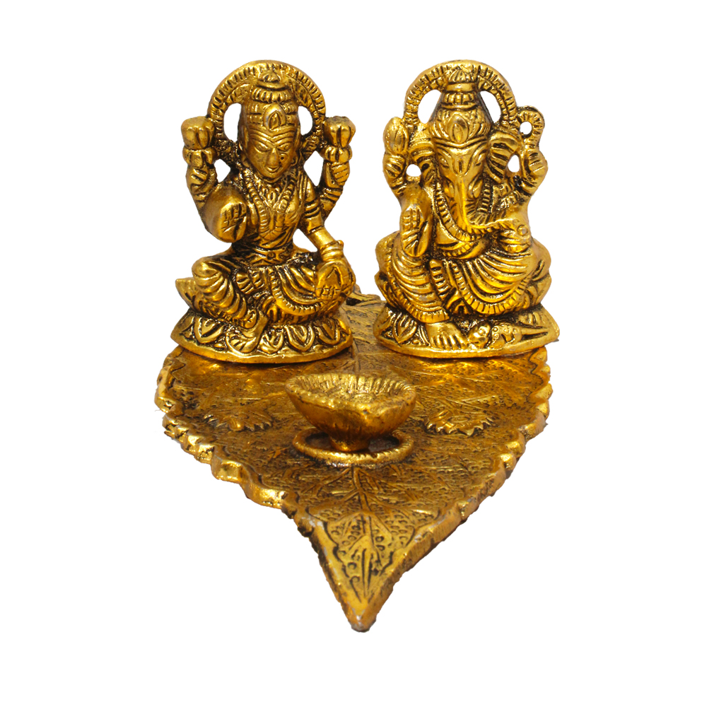 Gold Plated Aluminium  Laxmi Ganesh Idol Showpiece Oil Deepak 4 Inch