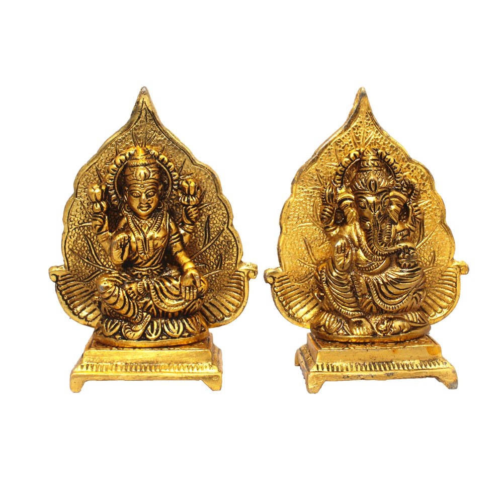 Gold Plated Aluminium  Golden Finish Lakshmi Ganesh Leaf Design Idol 5.5 Inch ( 14 cm )