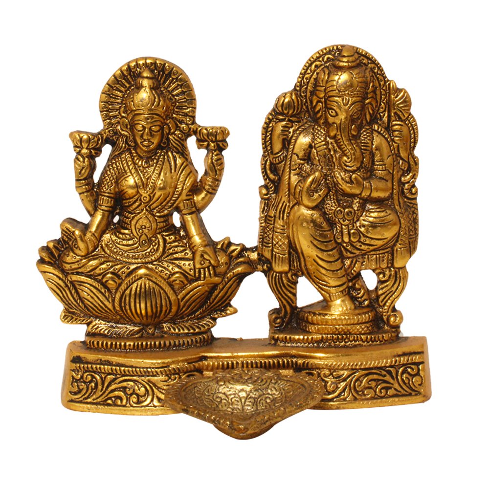 Lakshmi Ganesh With Diya Metal Article 6 Inch ( 15.5 cm )