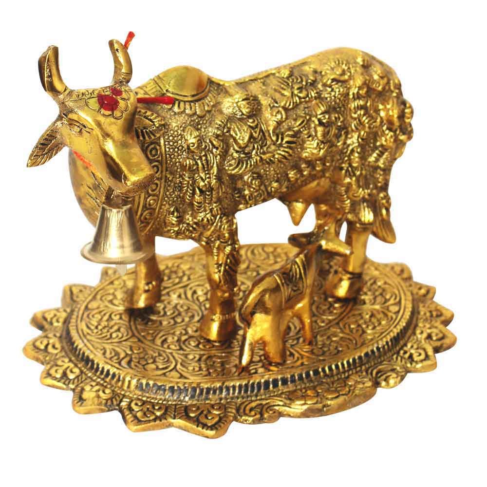 Metal Cow and Calf Statue 7 Inch ( 18 cm )