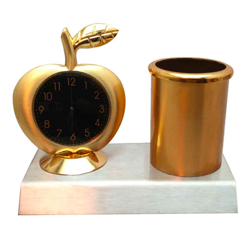 Metallic Pen Stand With Apple Shape Table Clock