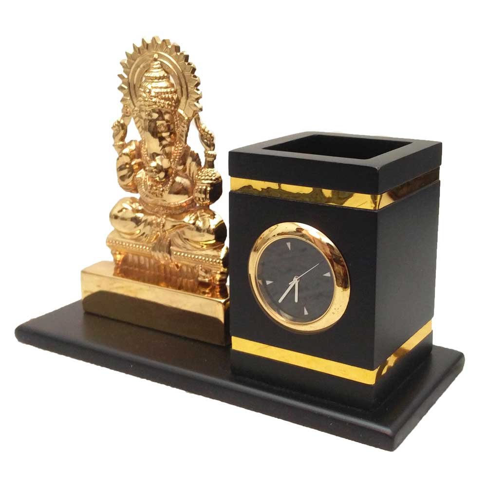 Metallic God Ganesha Statue with Wooden Pen Stand 5 Inch ( 13 cm )