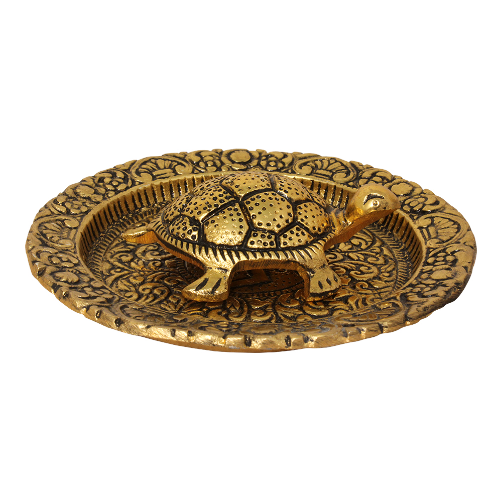 Metallic Golden Kachua Feng Shui Tortoise On Golden Plate 2 Inch