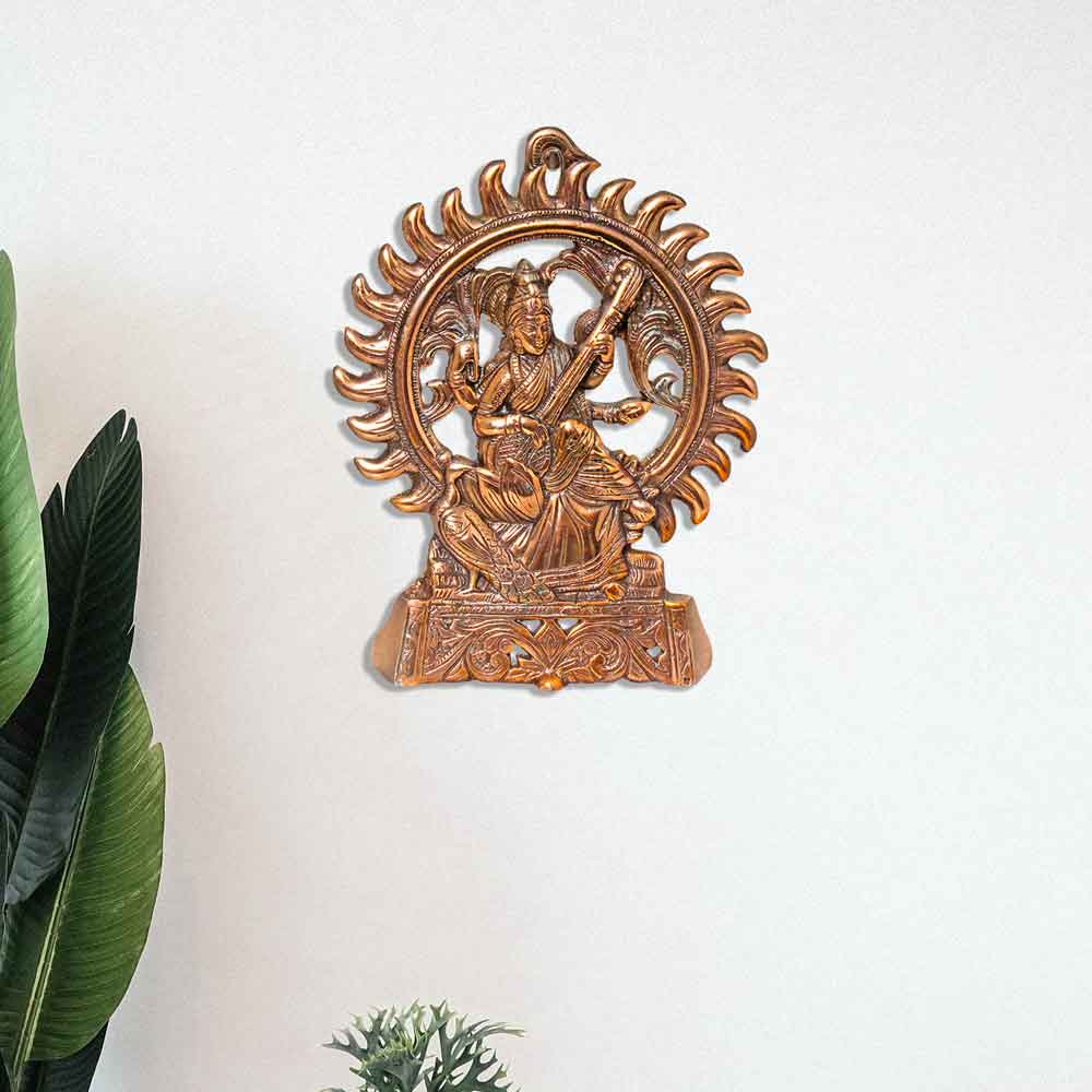 Handicraft Metallic Saraswati Ma Wall Hanging Showpiece 9 Inch