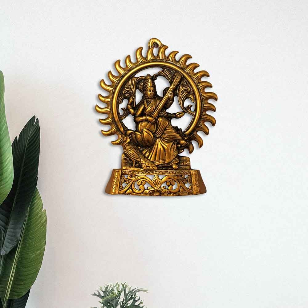Handicraft Metallic Ma Saraswati Wall Hanging Showpiece 9 Inch ( 23 cm )