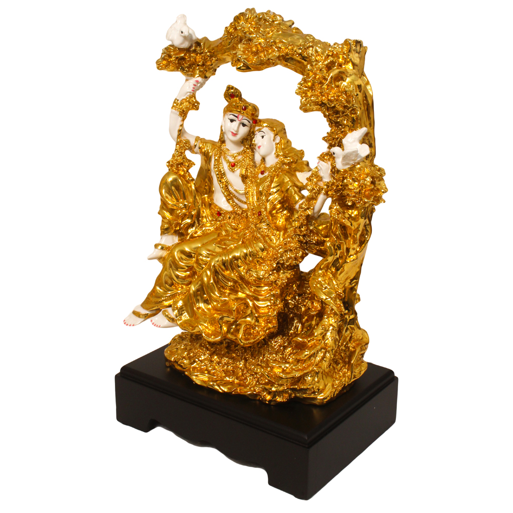 Gold Plated Radha Krishna Jhula Statue 13.5 Inch
