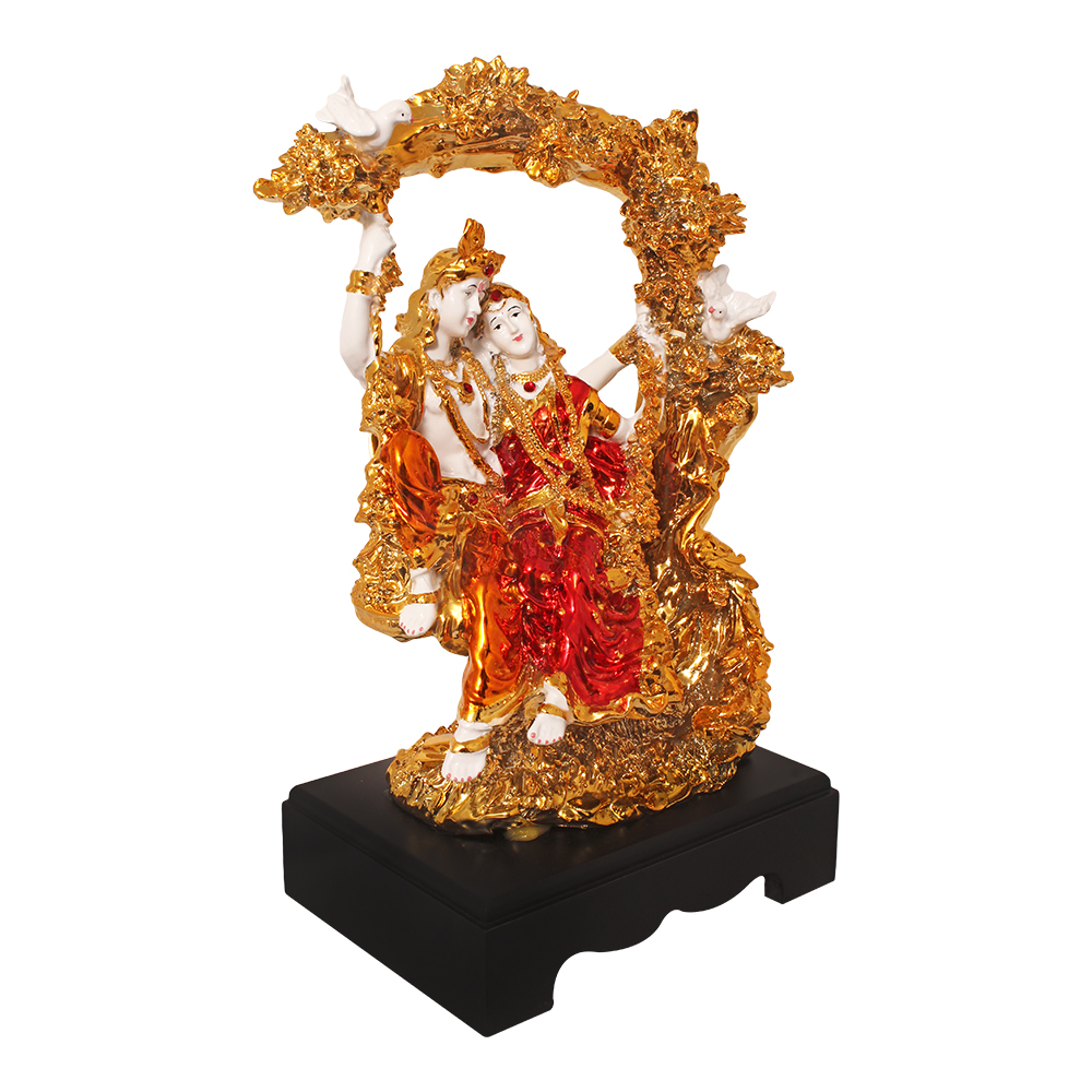 Gold Plated Radha Krishna Jhula Sculpture 13.5 Inch