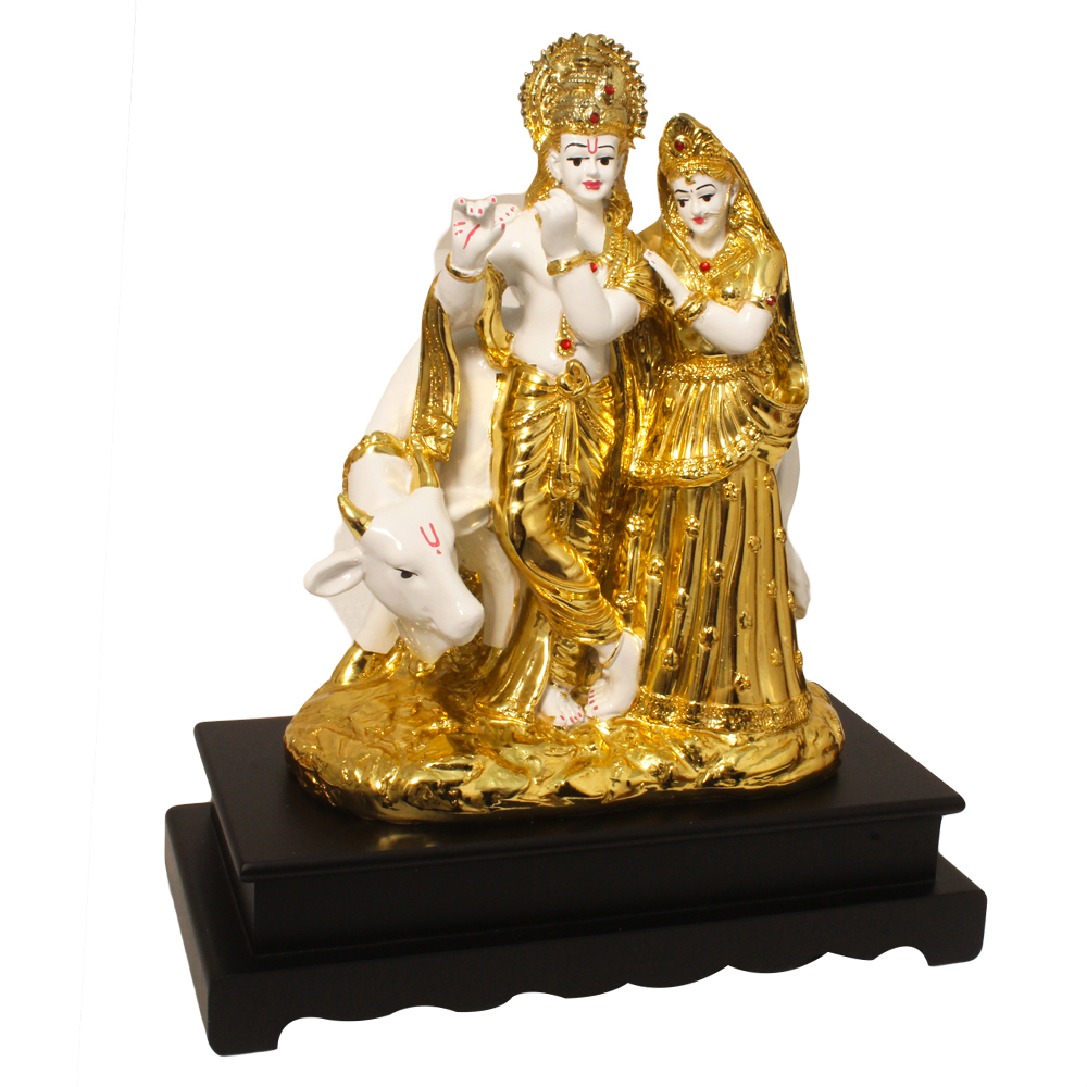 Gold Plated Radha Krishna with Cow Statue 14 Inch