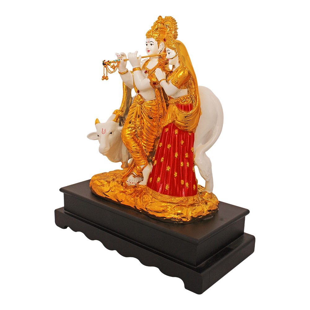 Gold Plated Radha Krishna with Cow Idol 14 Inch