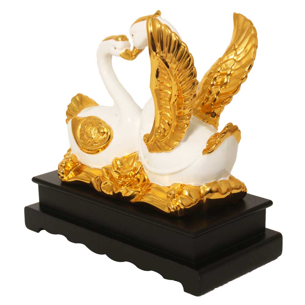 Gold Plated Swan Pair Decorative Figurine 11.5 Inch