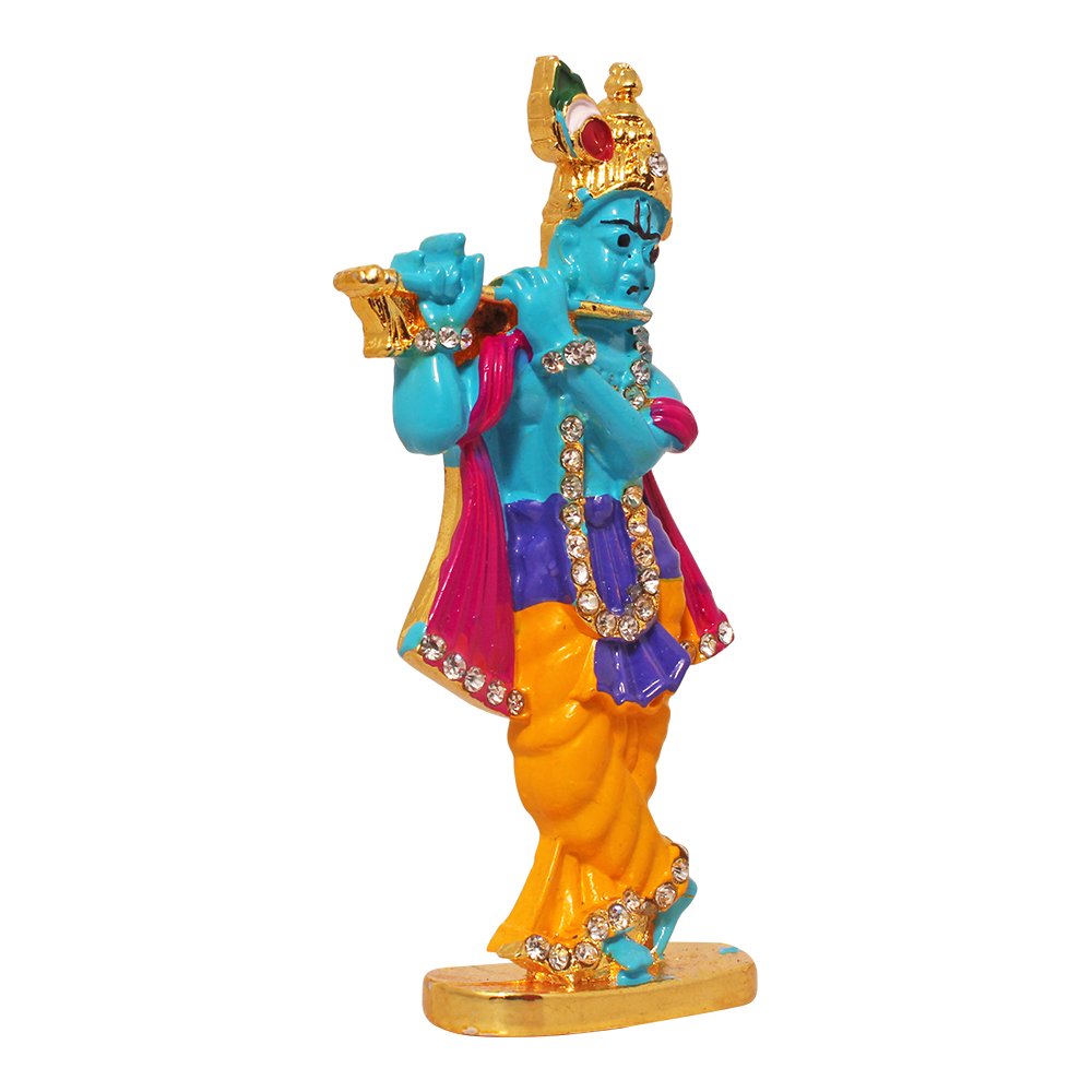 Gold Plated Metallic Murli Krishna Statue Car Dashboard Sculpture 3 Inch ( 8 cm )