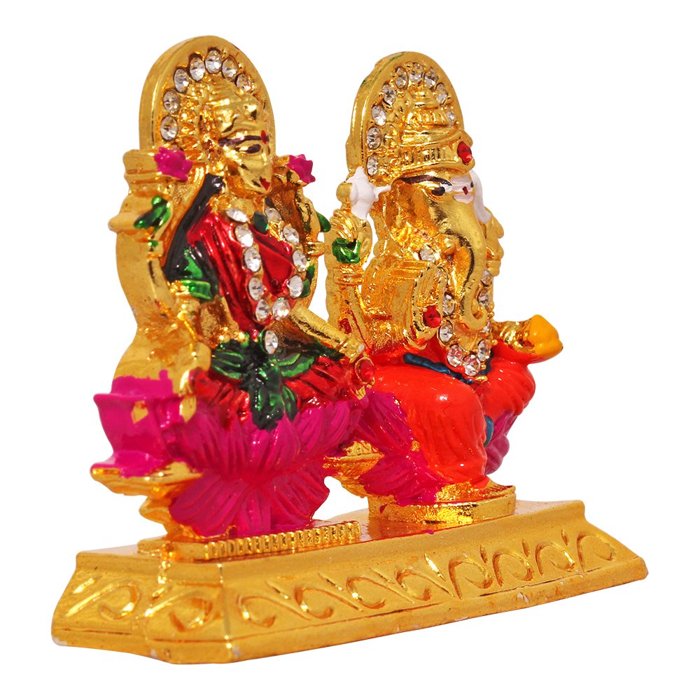 Gold Plated Metallic Laxmi Ganesha Statue Car Dashboard Sculpture 2.5 Inch ( 6.5 cm )