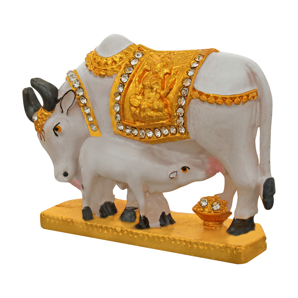 Gold Plated Metallic Kam Dhenu Cow Statue 2 Inch