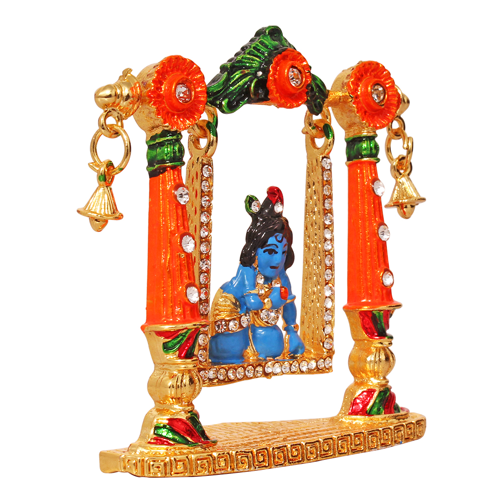 Gold Plated Metallic Jhula Nand Gopal Krishna Statue Car Dashboard Idol 3 Inch