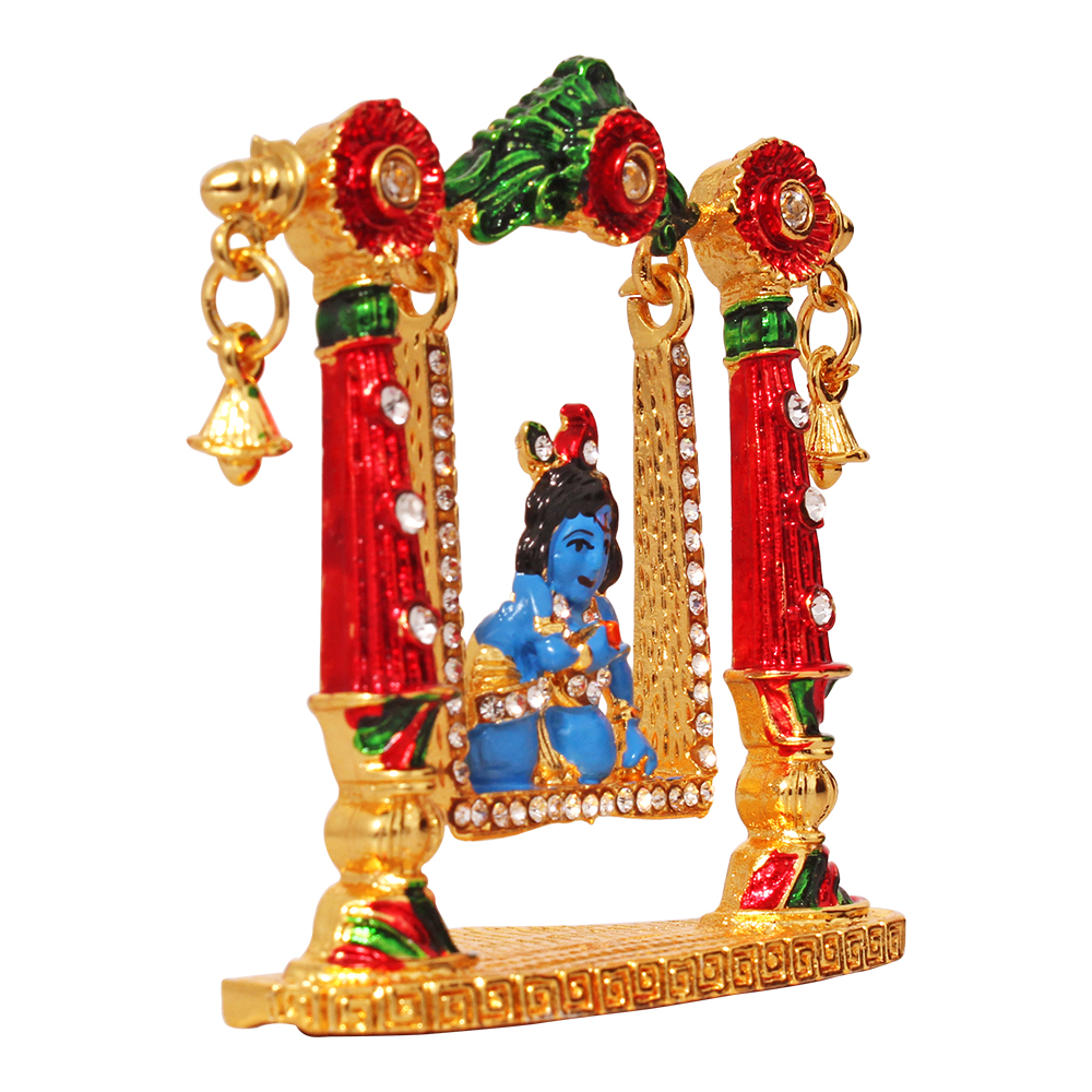 Gold Plated Metallic Jhula Nand Gopal Krishna Statue Car Dashboard Gift 3 Inch