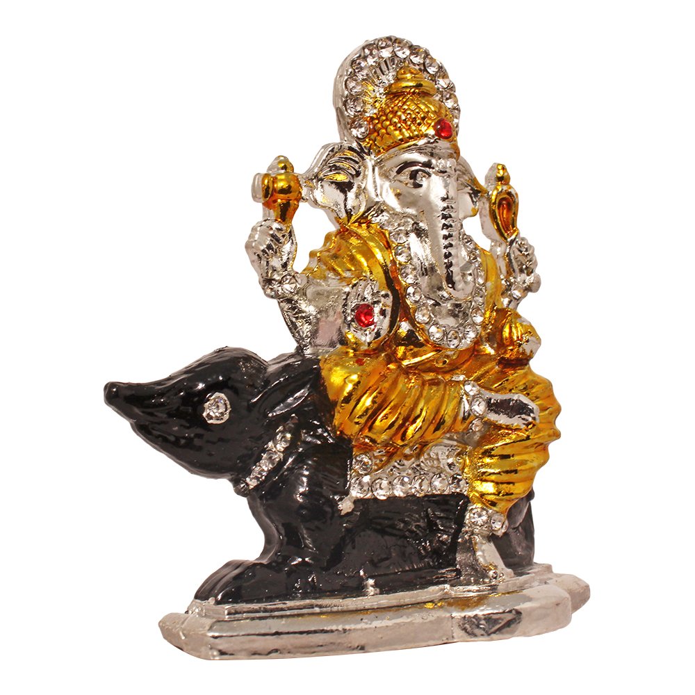 Gold Silver Plated Metallic Mouse Ganesha Statue Car Dashboard Gift 3 Inch ( 8 cm )