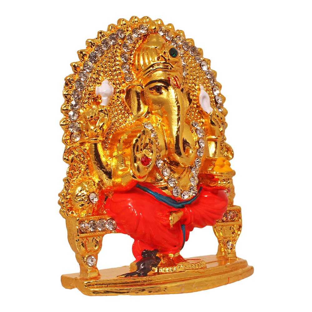 Gold Plated Metallic Singhasan Ganesha Statue Car Dashboard Idol 3 Inch ( 8 cm )