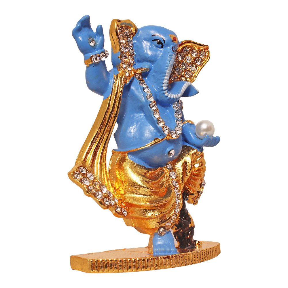 Gold Plated Metallic Dancing Ganesha Statue Car Dashboard Gift 3 Inch ( 8 cm )