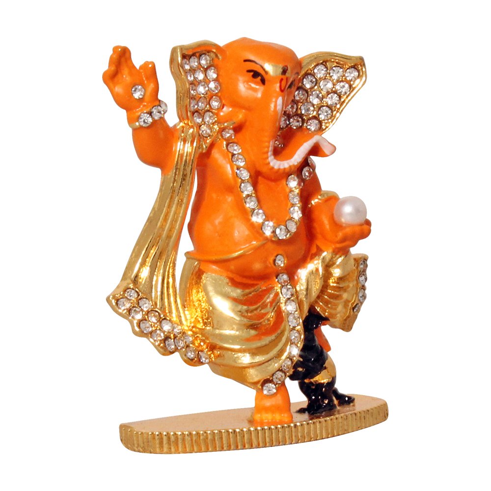 Gold Plated Metallic Dancing Ganesha Statue Car Dashboard Figurine 3 Inch ( 8 cm )