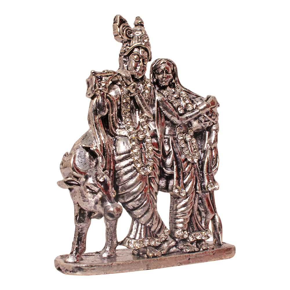 Silver Plated Metallic Radha Krishna Statue Religious Gift 3 Inch