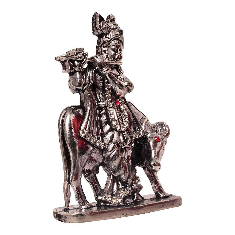 Silver Plated Metallic Cow Krishna Statue Car Dashboard Murti 3 Inch ( 8 cm )