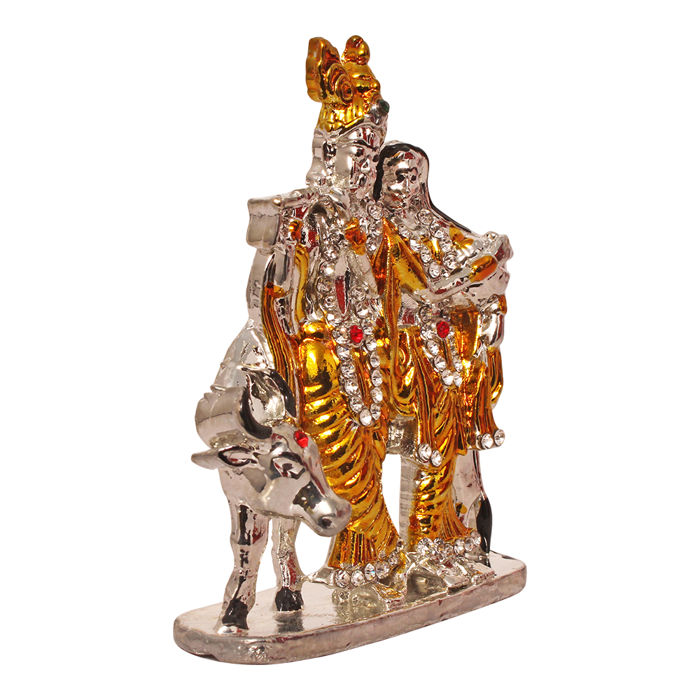 Gold Silver Plated Metallic Radha Krishna Statue Car Dashboard Sculpture 3 Inch