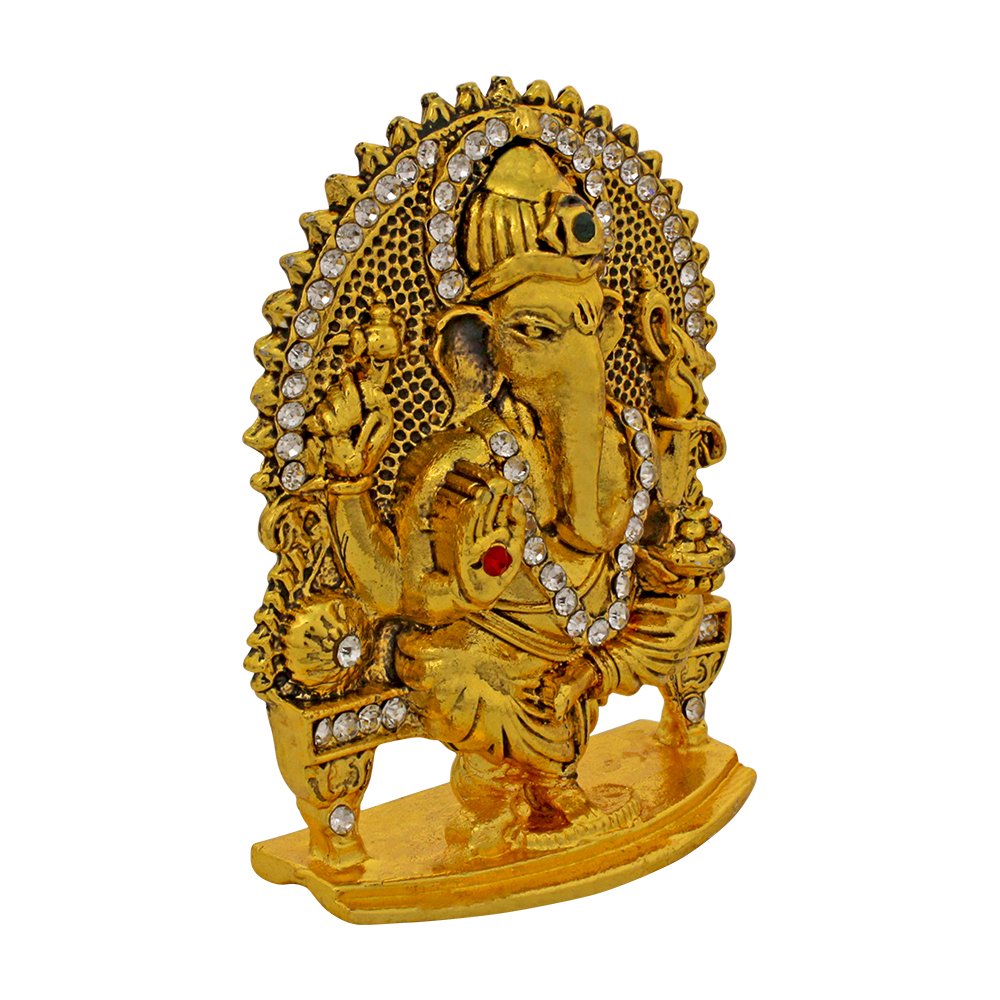 Gold Plated Metallic Singhasan Ganesha Statue Car Decor Figurine 3 Inch ( 8 cm )