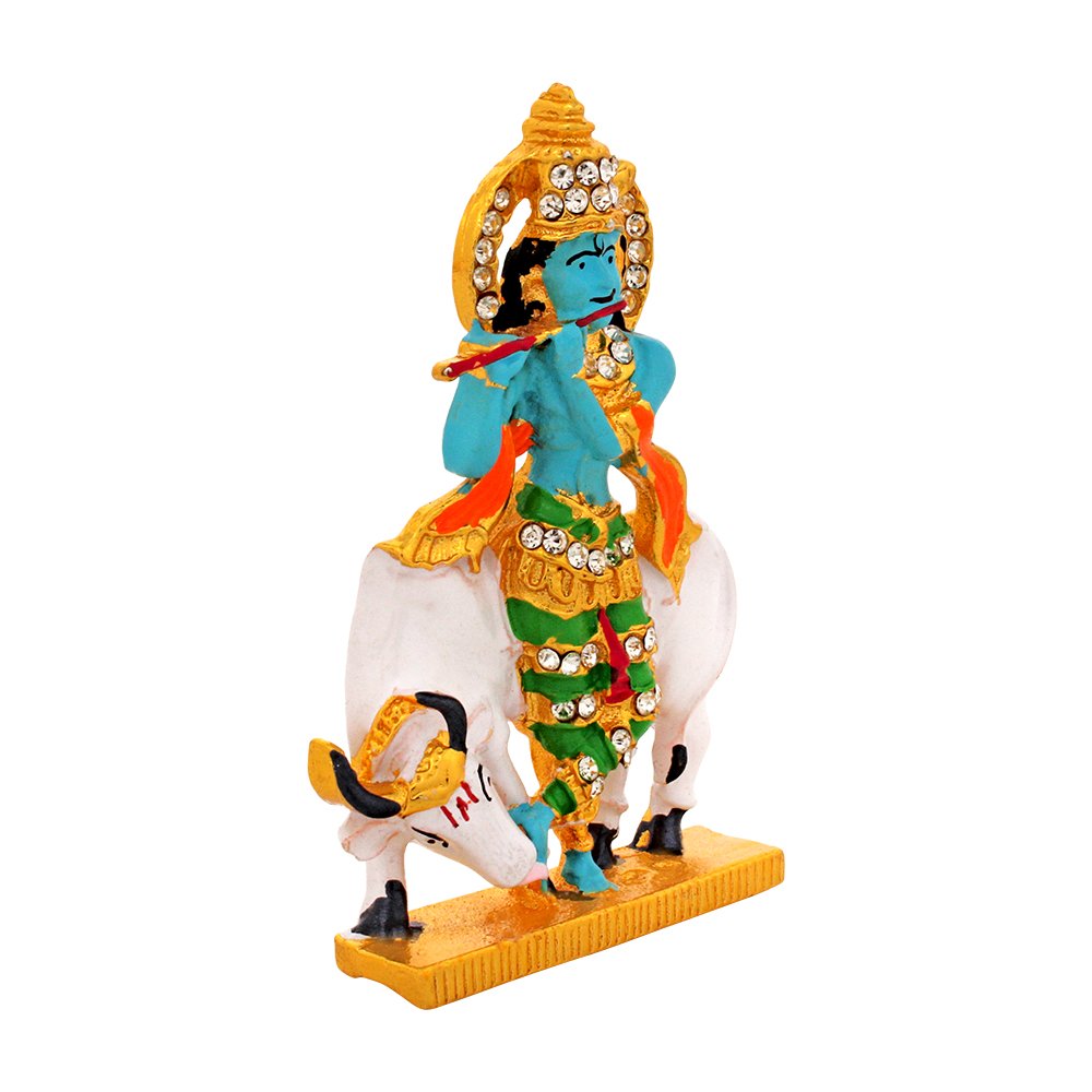 Gold Plated Metallic Cow Krishna Statue Car Dashboard Figurine 2.5 Inch ( 6.5 cm )