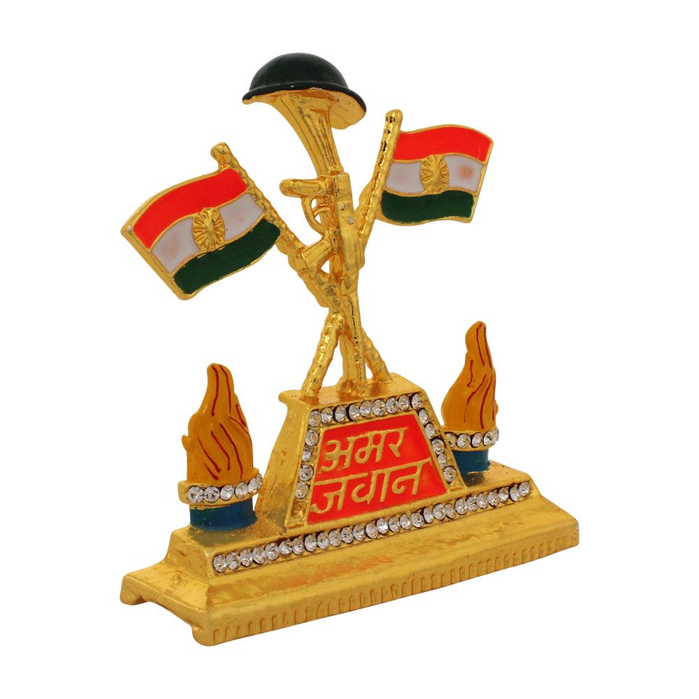 Car Dashboard Gold Plated Metallic Indian Flag Showpiece 3 Inch