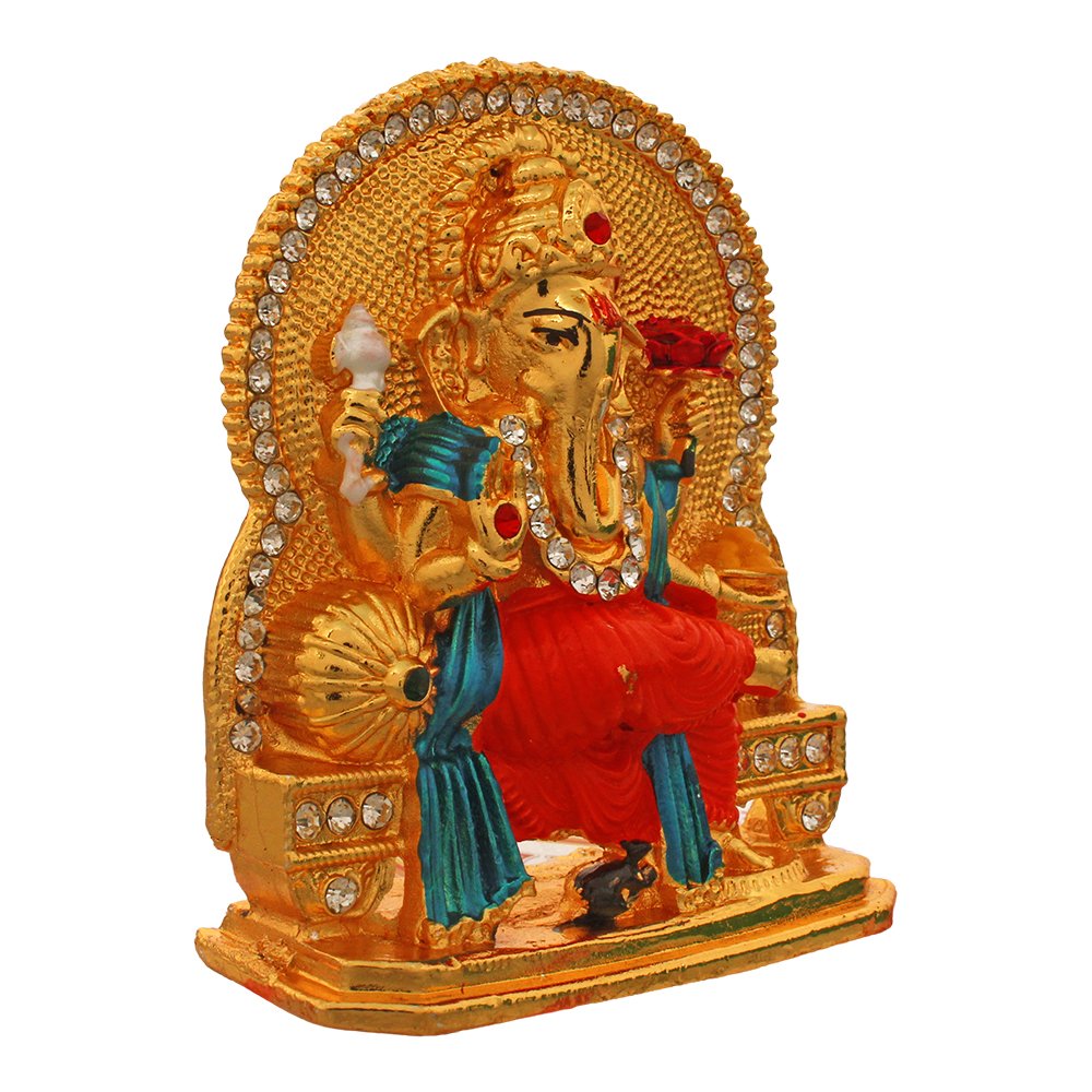 Metallic Singhasan Ganesha Statue Car Decorative Murti 3 Inch ( 8 cm )