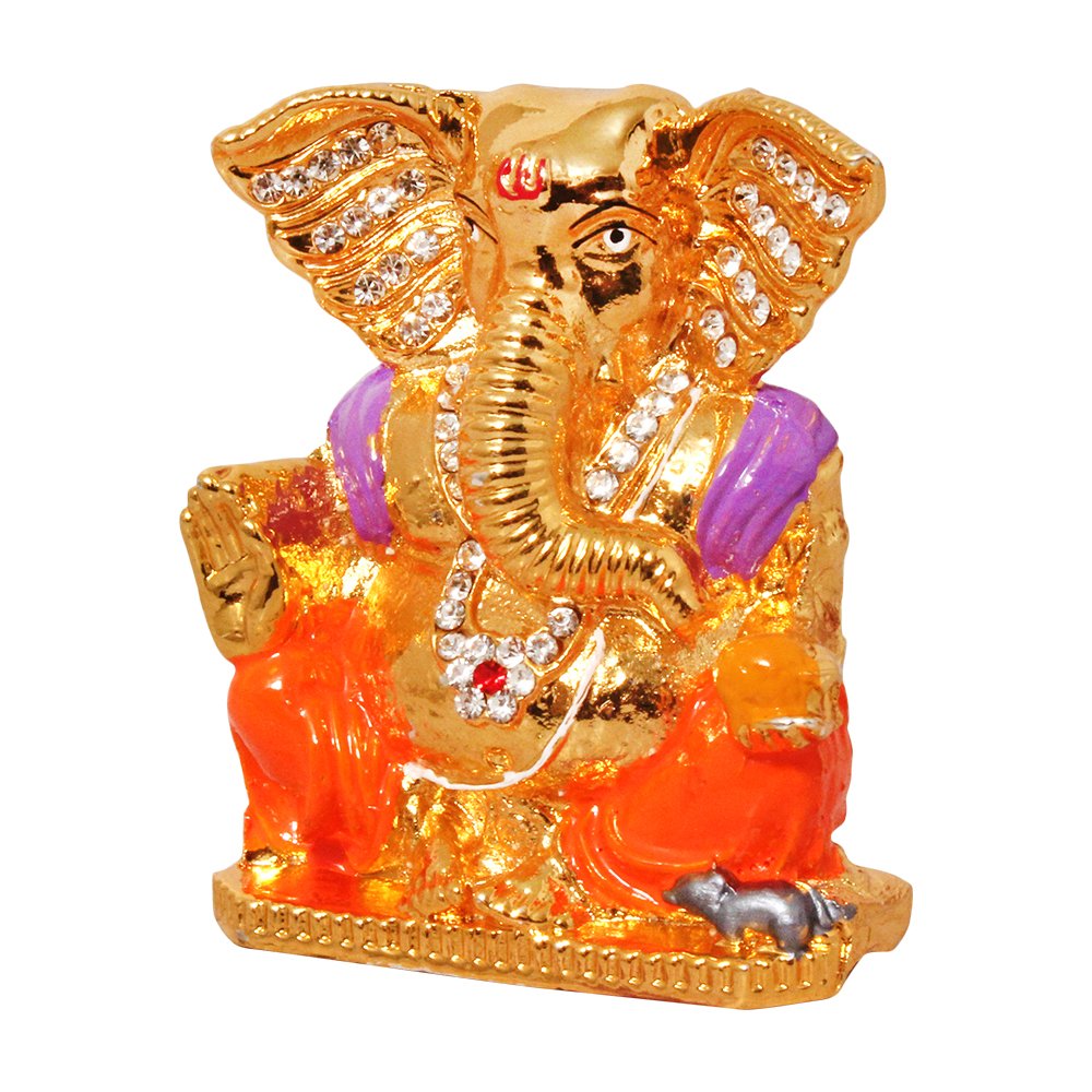 Gold Plated Metallic Ganesha Statue Car Dashboard Idol 3 Inch ( 8 cm )