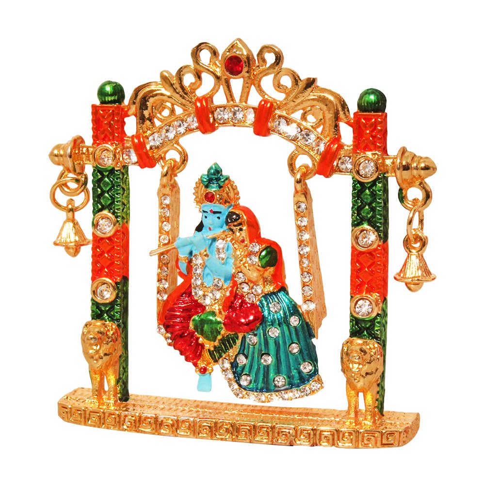 Metallic Jhula Radha Krishna Statue Religious Gift 3 Inch ( 8 cm )
